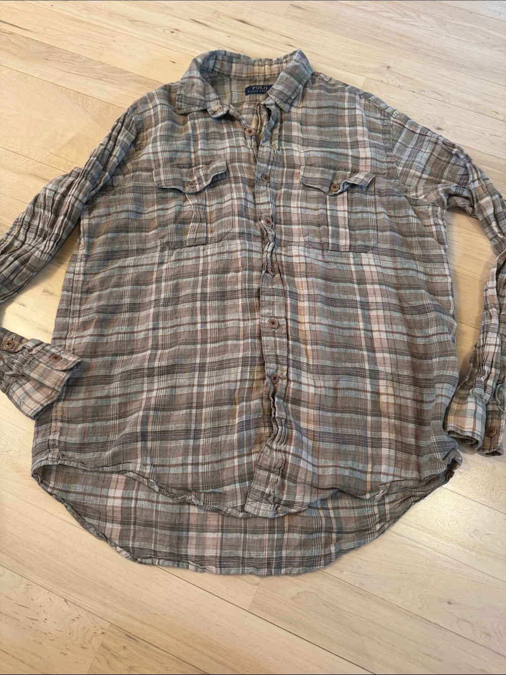 Polo Ralph Lauren Button Down Shirt Brown Plaid 100% Linen-L-Vacation-Read